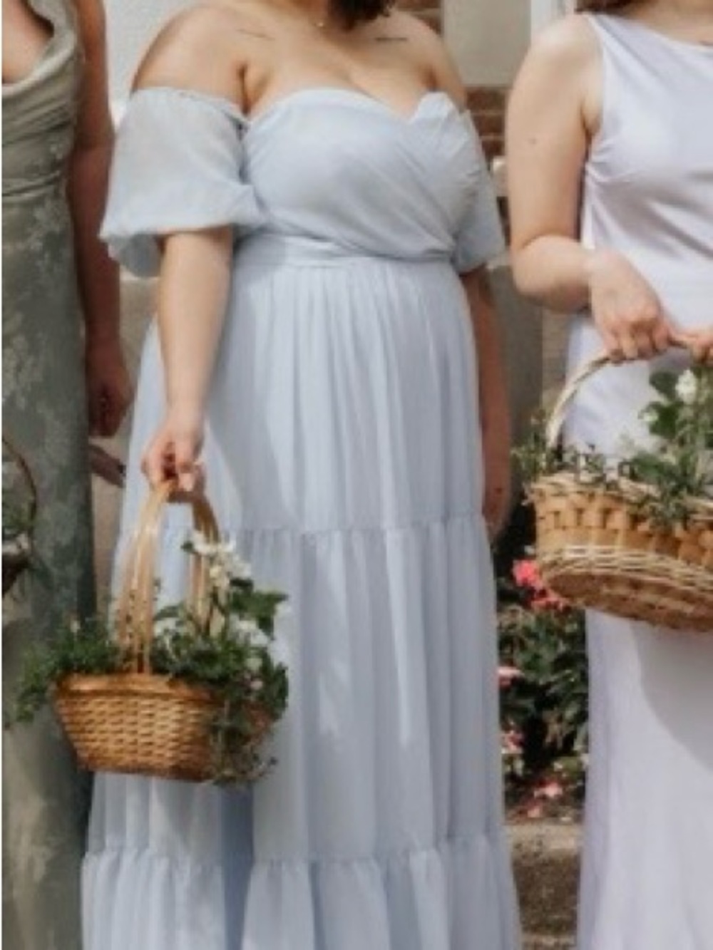 Off-Shoulder Tiered Chiffon Maxi Dress With Slit in Sky Blue